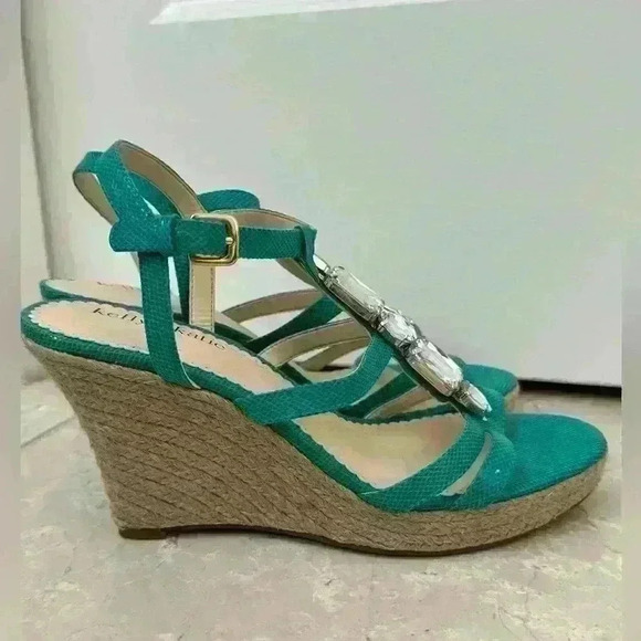 Kelly & Katie Wedge Jeweled Shoes Teal Green Size 8 - Picture 3 of 6